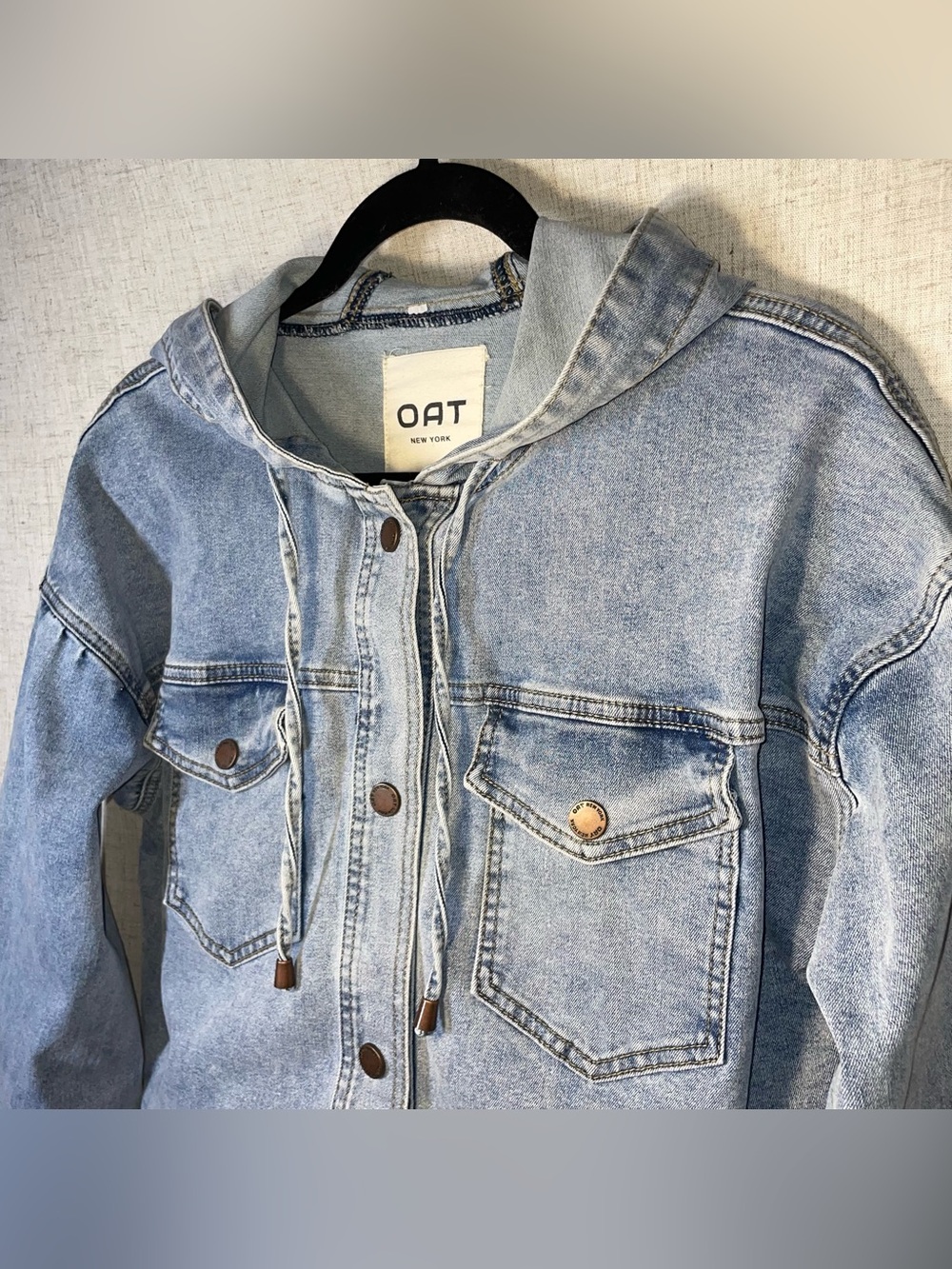 OAT New York Women’s S Hooded Cropped Denim Jacket Light Wash Boxy Relaxed Fit - Picture 4 of 13